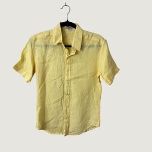 Fabindia Men's Size 36 Slim Yellow Linen Fitted Shirt Short Sleeve Fall Layering